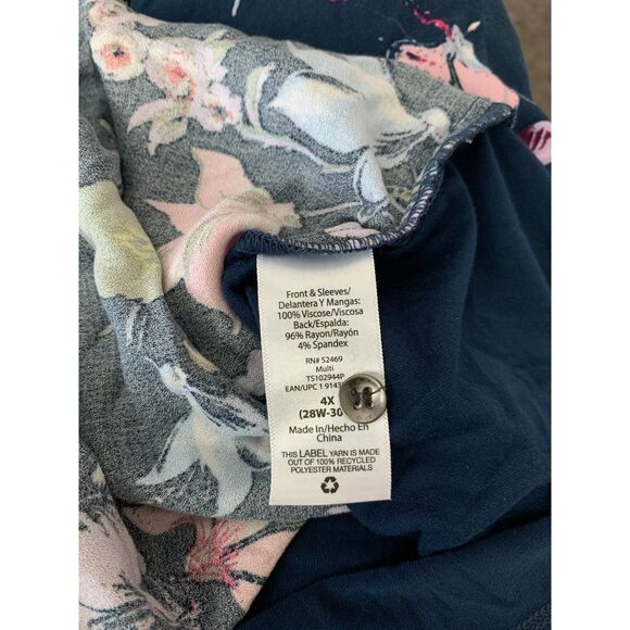 terra & sky Women Top 4X Blue Floral Mixed Media Faux Wrap Relaxed Comfort - Picture 5 of 9